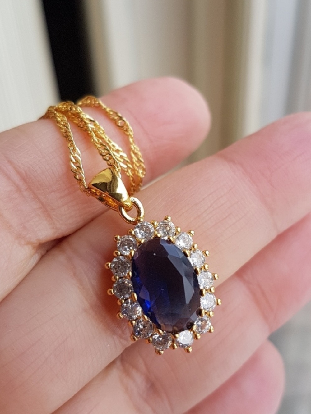 Swarovski Elements Gold 925 Sterling Silver Blue Sapphire Diana Necklace NEW